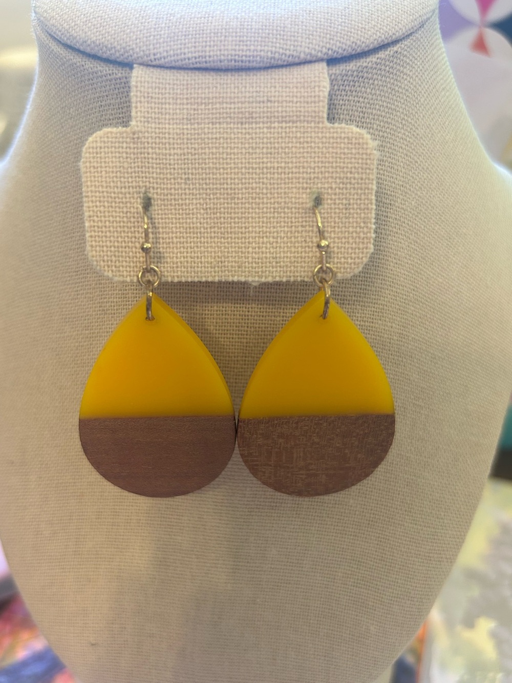 Yellow and Brown Teardrop Wood Earrings - Unbranded
